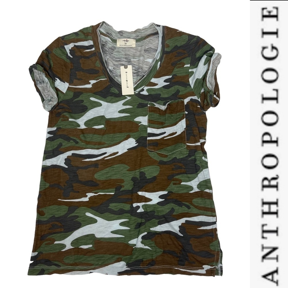 NWT Anthropologie t.la Green Camo V-Neck Rolled Sleeve Tee XS